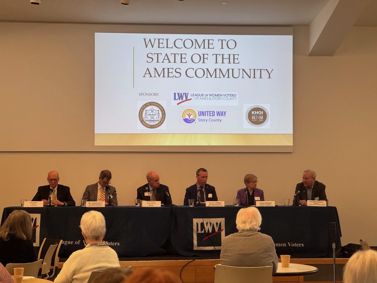 The panel of Ames leaders at the annual State of the Ames Community meeting on Jan. 24, 2025.