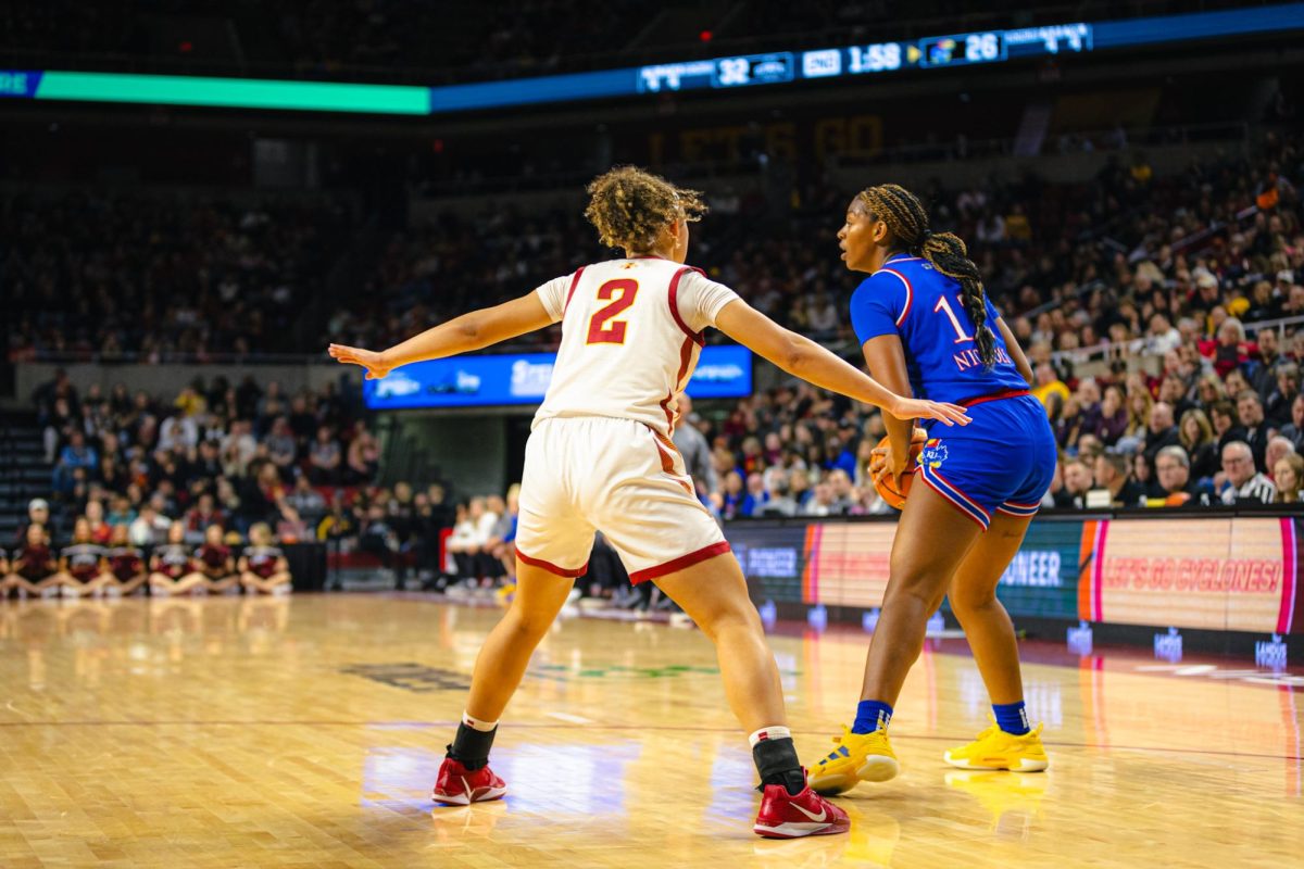 Arianna Jackson (2) guards during the Iowa State vs. University of Kansas NCAA women's basketball game at Hilton Coliseum on Wednesday, Jan. 1, 2025, in Ames, Iowa.