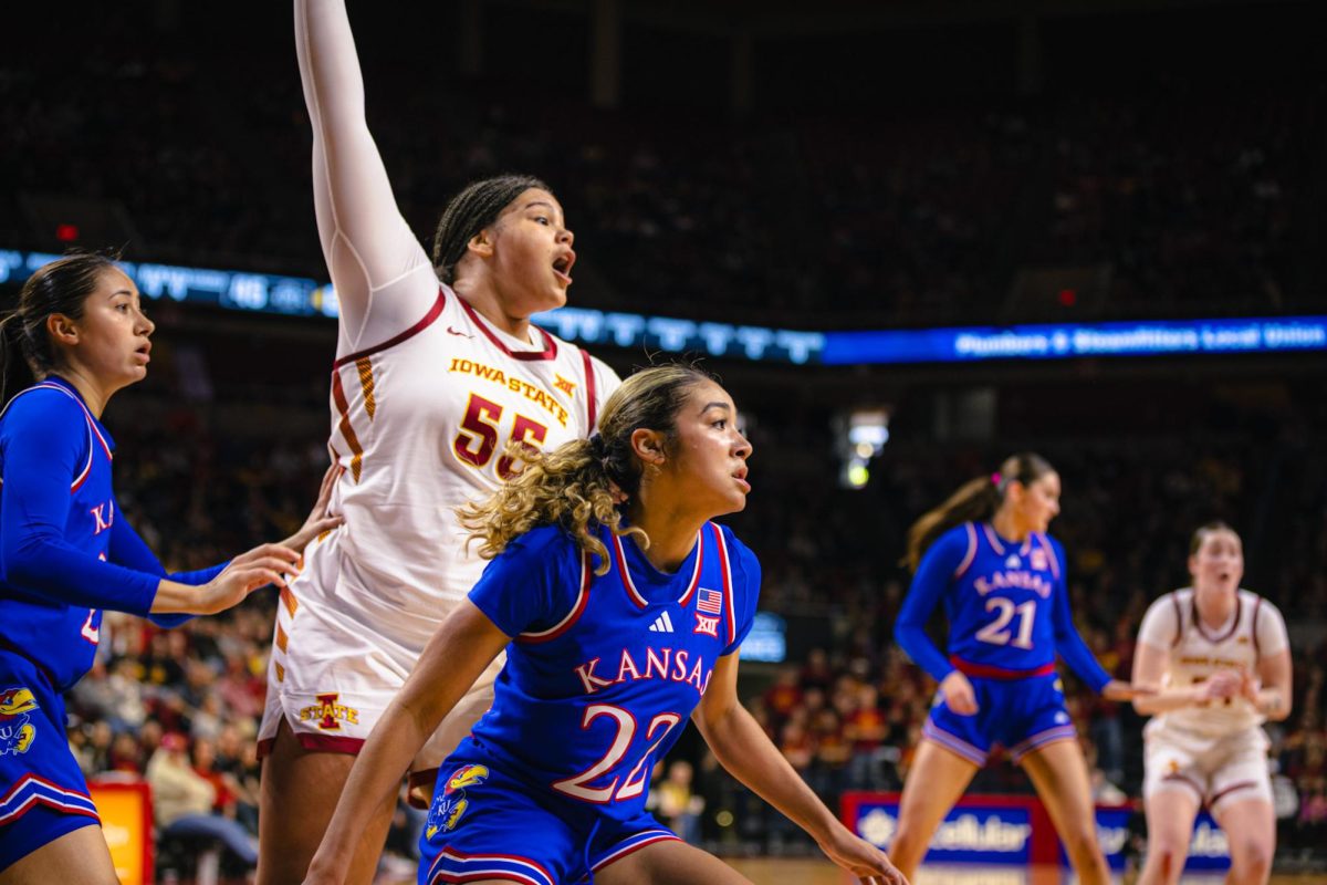 Audi Crooks (55) calls for the ball during the Iowa State vs. University of Kansas NCAA women's basketball game at Hilton Coliseum on Wednesday, Jan. 1, 2025, in Ames, Iowa.