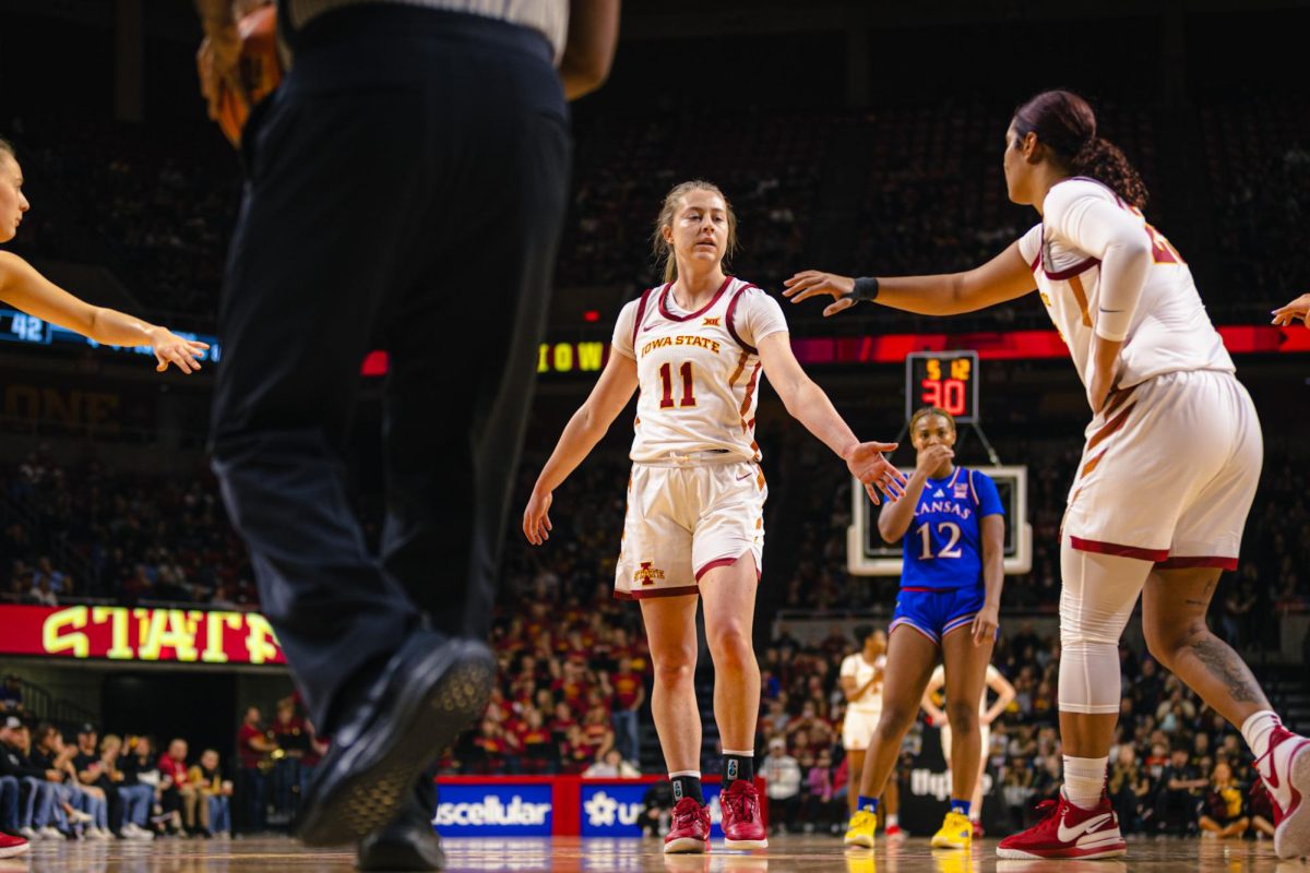 Audi Crooks (55) calls for the ball during the Iowa State vs. University of Kansas NCAA women's basketball game at Hilton Coliseum on Wednesday, Jan. 1, 2025, in Ames, Iowa.