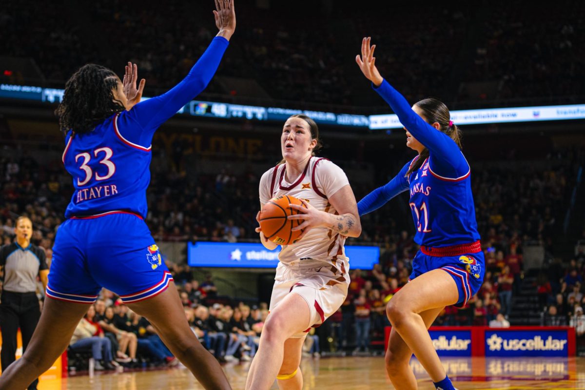 Addy Brown (24) drives to the basket during the Iowa State vs. University of Kansas NCAA women's basketball game at Hilton Coliseum on Wednesday, Jan. 1, 2025, in Ames, Iowa.