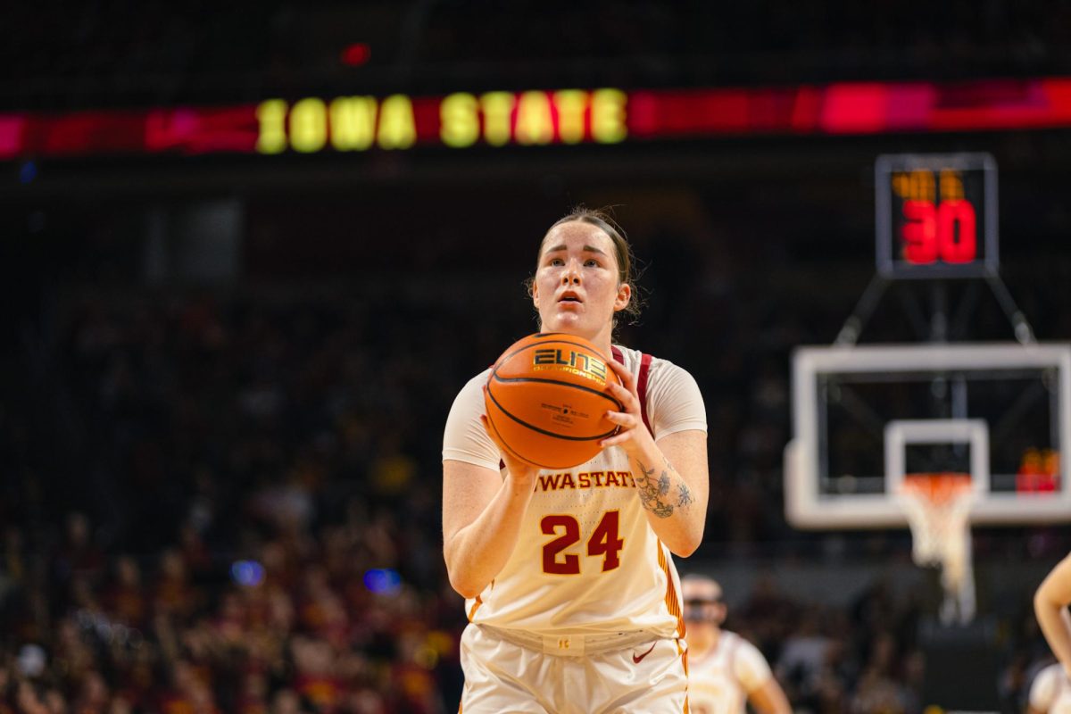 Addy Brown (24) shoots a free throw during the Iowa State vs. University of Kansas NCAA women's basketball game at Hilton Coliseum on Wednesday, Jan. 1, 2025, in Ames, Iowa.