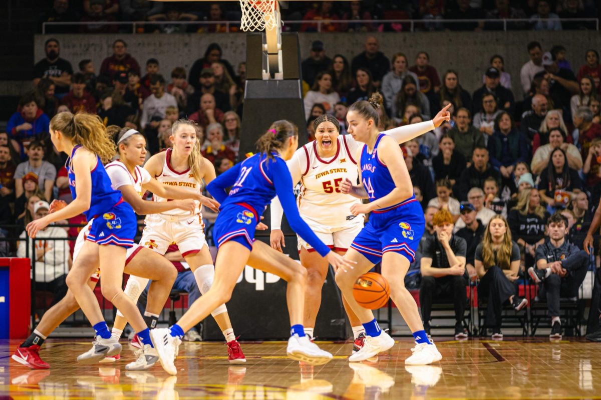 Audi Crooks (55) during the Iowa State vs. University of Kansas NCAA women's basketball game at Hilton Coliseum on Wednesday, Jan. 1, 2025, in Ames, Iowa.
