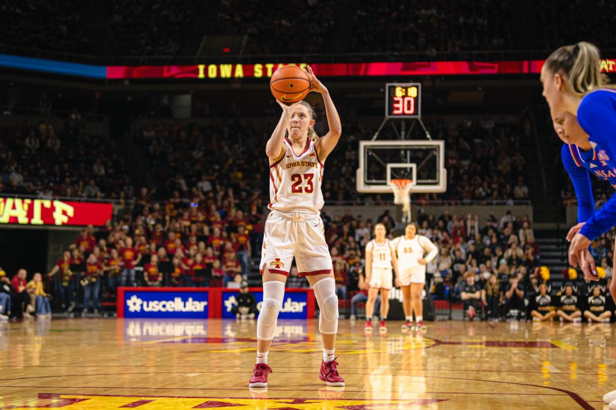 Kelsey Joens (23) attempts a free throw during the Iowa State vs. University of Kansas NCAA women's basketball game at Hilton Coliseum on Wednesday, Jan. 1, 2025, in Ames, Iowa.