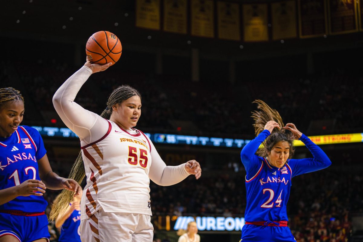 Audi Crooks (55) during the Iowa State vs. University of Kansas NCAA women's basketball game at Hilton Coliseum on Wednesday, Jan. 1, 2025, in Ames, Iowa.