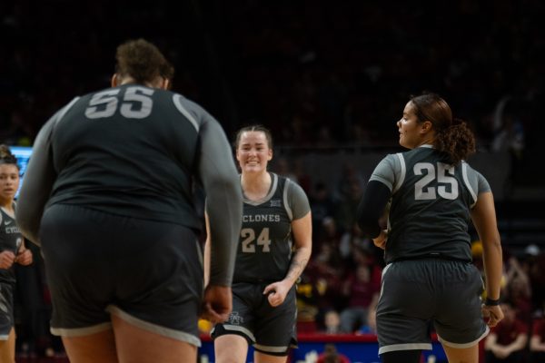 Audi Crooks (55) celebrates scoring with Addy Brown (24) during the game vs. Brigham Young University, Hilton Coliseum, Ames, Iowa, Jan. 22, 2025.