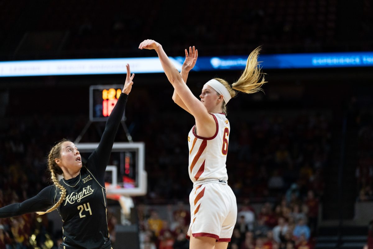 Lily Hansford (6) shoots her third three pointer of the game over defender Ally Stedman (24) during the game vs. University of Central Florida, Hilton Coliseum, Ames, Iowa, Jan. 25, 2025.