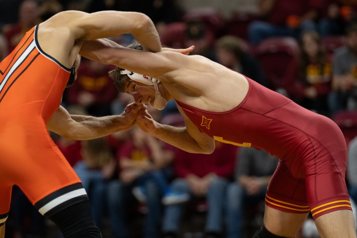 Evan Frost (ISU) during the match vs. Oklahoma State University, Hilton Coliseum, Ames, Iowa, Jan. 26, 2025.