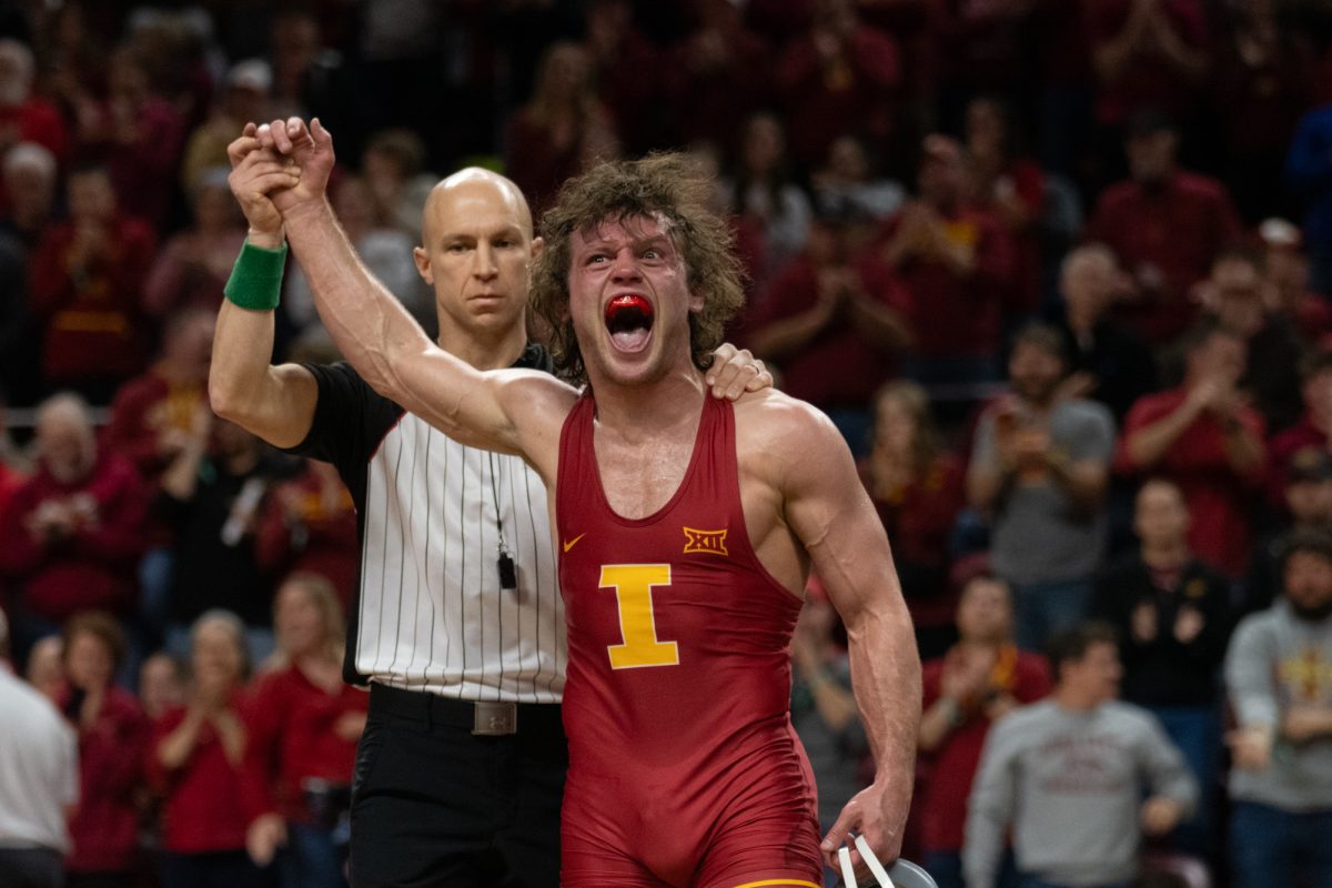 Cody Chittum (ISU) is named the victor after his bout vs. Oklahoma State University, Hilton Coliseum, Ames, Iowa, Jan. 26, 2025.