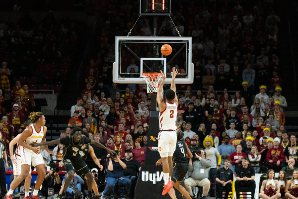 Joshua Jefferson (2) attempts a shot against the University of Central Florida, Jan. 21, 2025, Hilton Coliseum, Ames, Iowa.