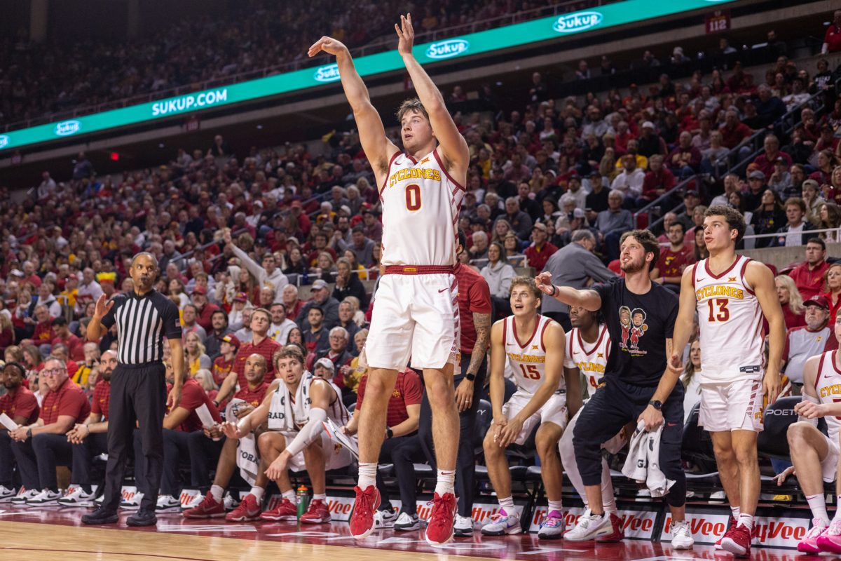 Nate Heise (0) throws up a shot from the corner during the second half of the Iowa State vs. University of Utah game in Hilton Coliseum in Ames, Iowa on Jan. 7, 2025.  