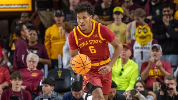 Curtis Jones (5) dribbles the ball up the court in Iowa State's game against Arizona State on Jan. 25 2025. // Photo provided by Iowa State Athletics