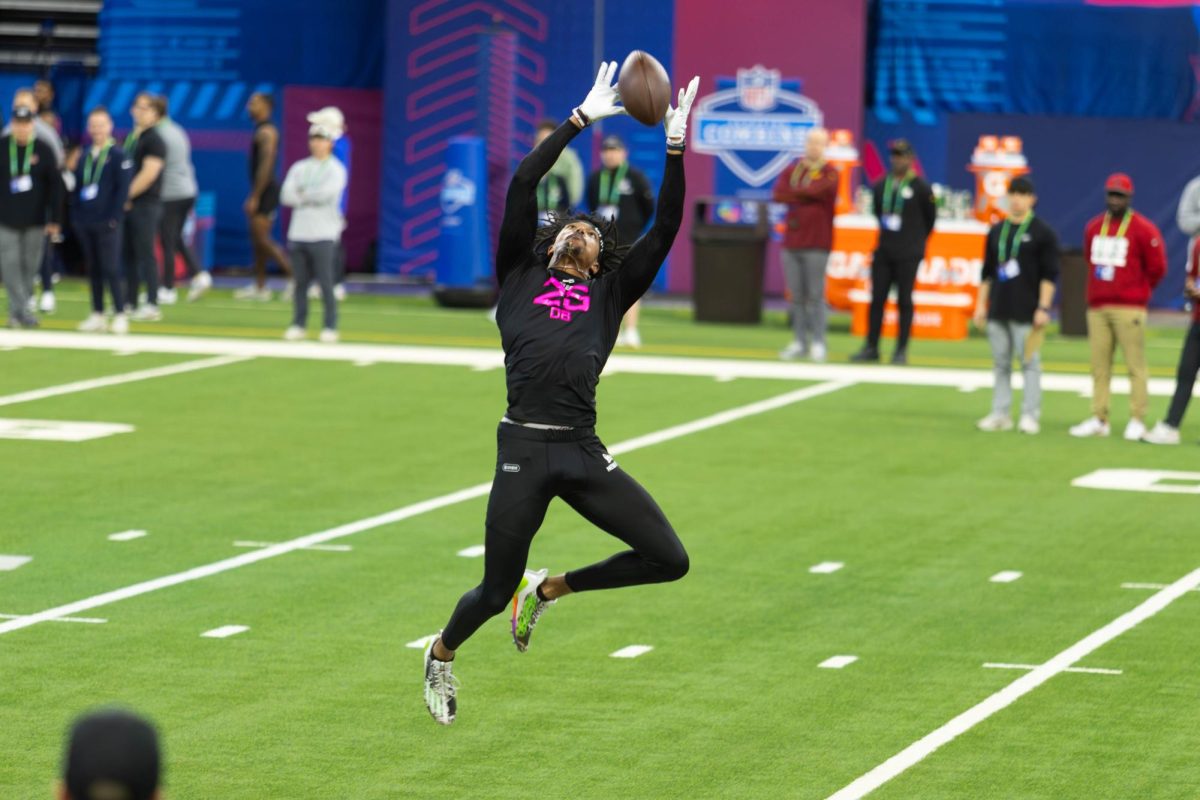 Darien Porter catches a ball during drills during the 2025 NFL Scouting Combine at Lucas Oil Stadium on Feb. 28, 2025, in Indianapolis, Indiana.