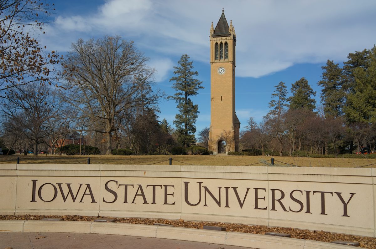 Iowa State University sign in front of the Campanile, taken on Feb. 8, 2025, at Iowa State University, Ames, Iowa.