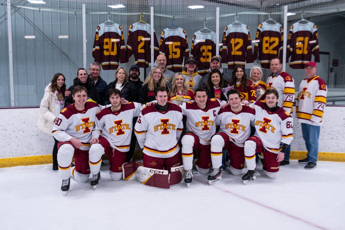 Iowa State Men's Hockey Club seniors (left to right) Alex Robinson (90), Everett Nea (2), Harrison Moen (35), Jacob Schuldt (15), Bryan Kurpiewski (12), Branden Buhler (82) and their families recognized for senior night, Feb. 7, 2025, Ames Ice Arena, Ames, Iowa.