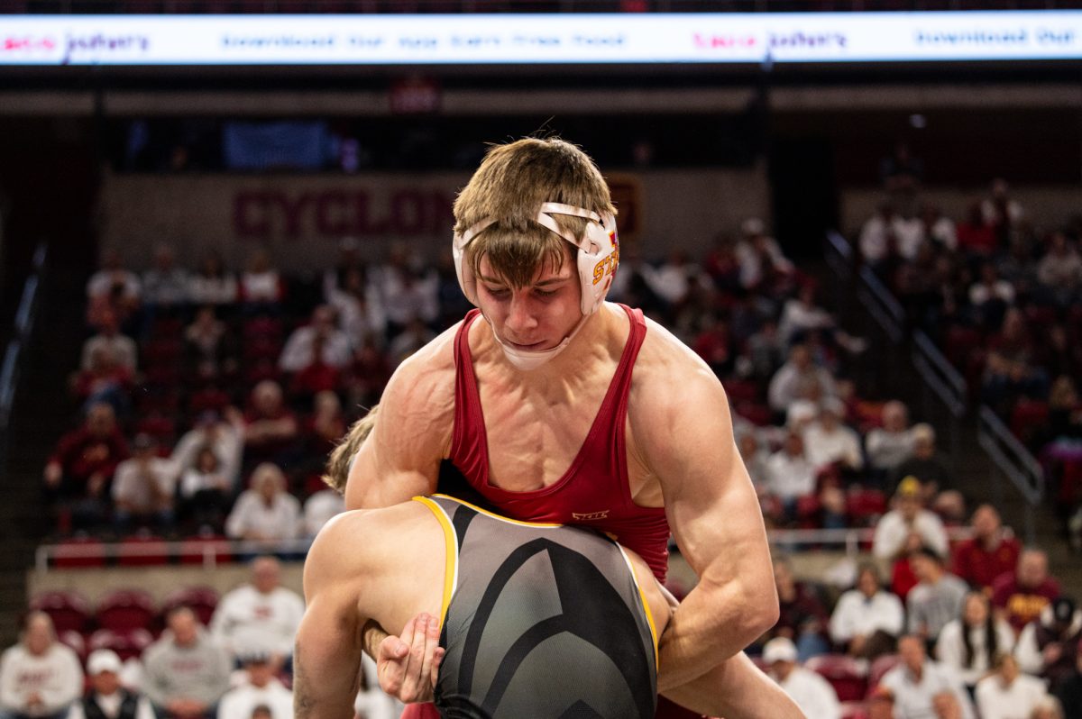 Cyclone Jacob Frost wrestles at 141 lbs. against Briar Priest from the University of Pittsburg, Feb. 9, 2025, Hilton Coliseum, Ames, Iowa.