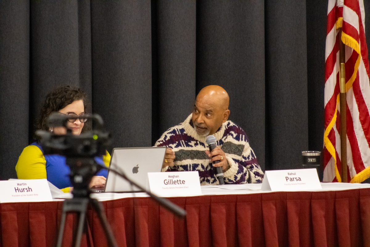 Faculty Senate President Rahul Parsa congratulating and thanking all of student government and what they have done as a whole on Feb. 17, 2025, Sun Room, Memorial Union, Ames, Iowa.  