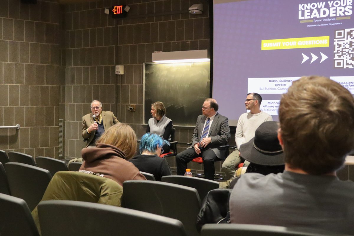 Kipp Van Dyke, Chad Olson, Bobbi Sullivan, and Michael Levine (right to left) answer questions. Taken on Feb. 18, 2025 at Carver Hall, Ames, IA.