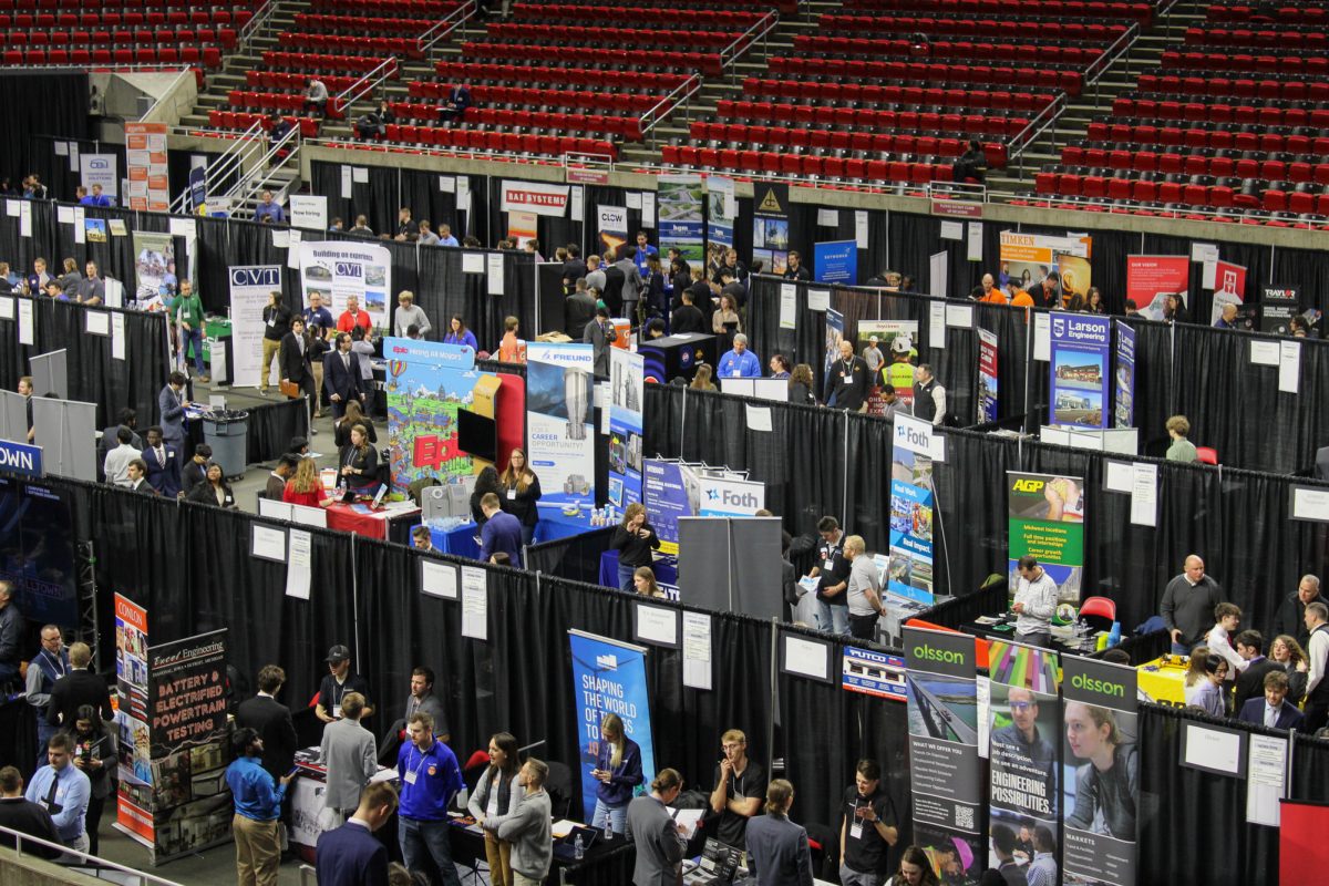 The Engineering Career Fair full of students and representatives from multiple companies in Hilton Coliseum, Feb. 11, 2025, Ames, Iowa.