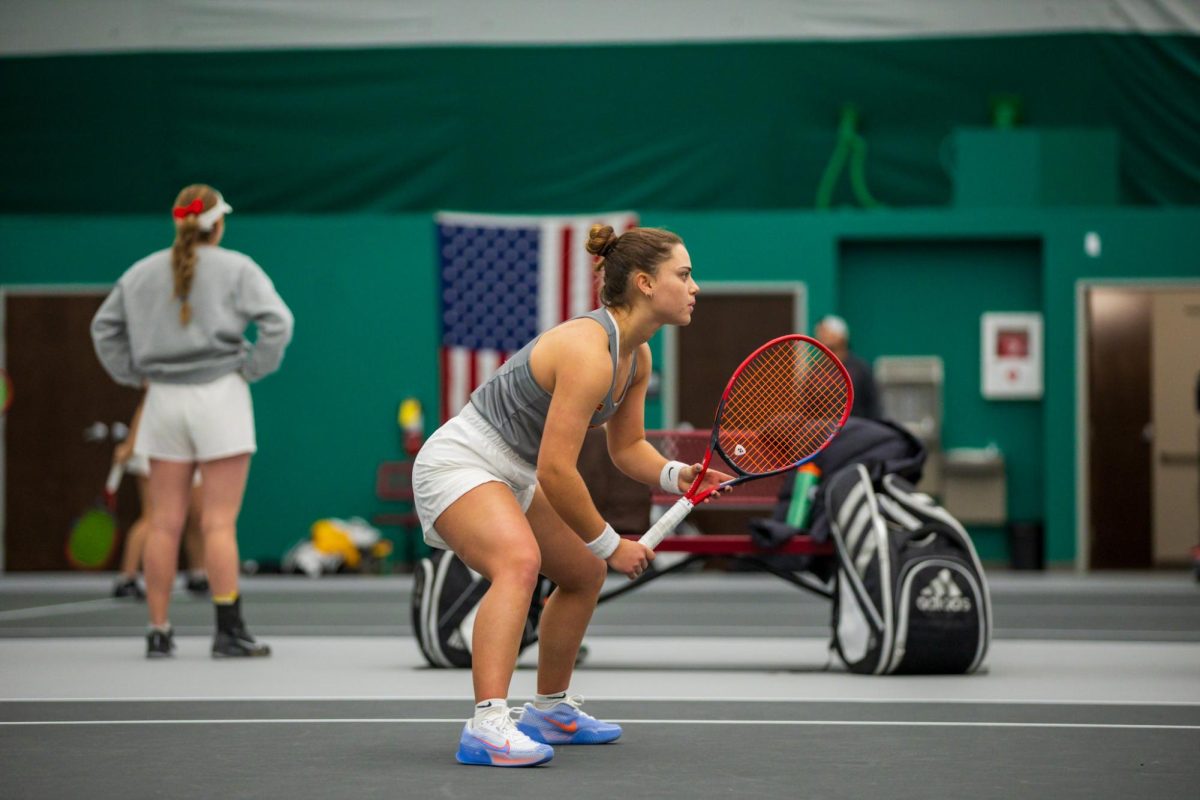 Gabriela Felix during the Iowa State University vs. University of Wyoming tennis meet, Feb. 8, 2025, Iowa State Tennis Center, Ames, Iowa. 