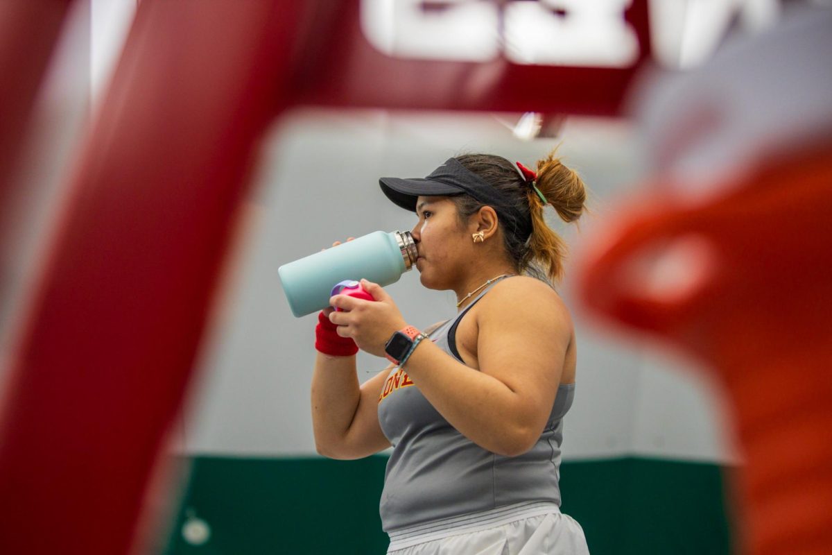 Anna Supapitch Kuearum during the Iowa State University vs. University of Wyoming tennis meet, Feb. 8, 2025, Iowa State Tennis Center, Ames, Iowa. 