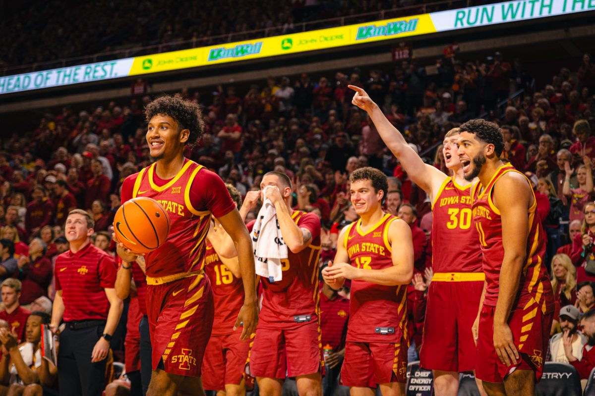 Curtis Jones (5) and his teammates during the Iowa State University vs. The University of Cincinnati basketball game at Hilton Coliseum on Saturday, Feb. 15, 2025, in Ames, Iowa.