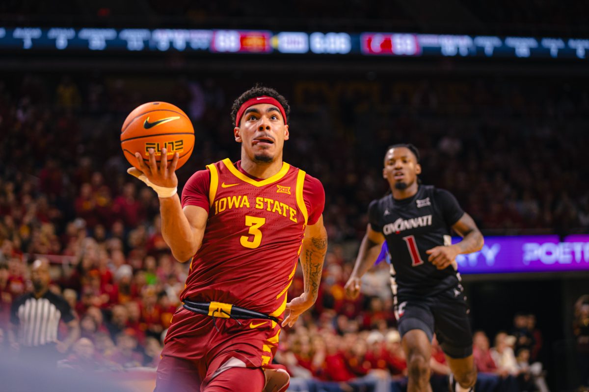 Tamin Lipsey (3) goes up for a lay up during the Iowa State University vs. The University of Cincinnati basketball game at Hilton Coliseum on Saturday, Feb. 15, 2025, in Ames, Iowa.