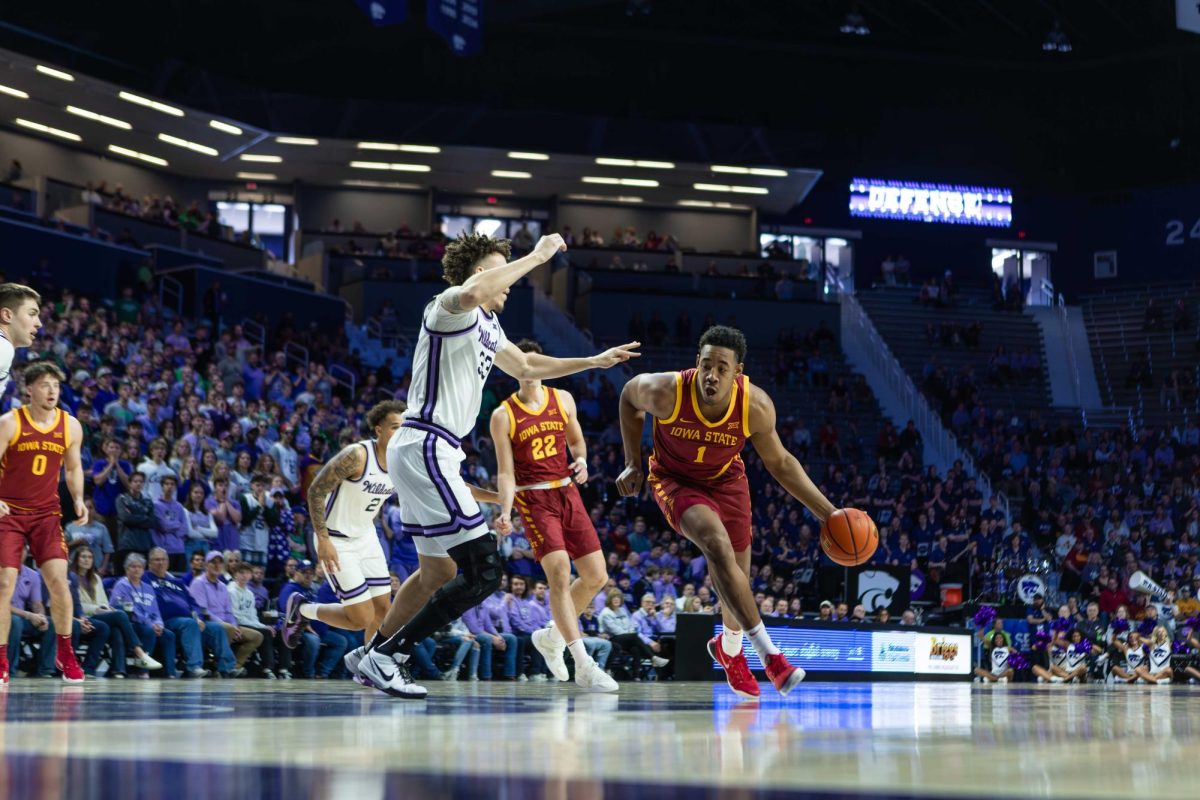 Dishon Jackson (1) drives towards the hoop during the Iowa State vs. Kansas State University men’s basketball game at Bramlage Coliseum, March 8, 2025, Manhattan, Kansas.