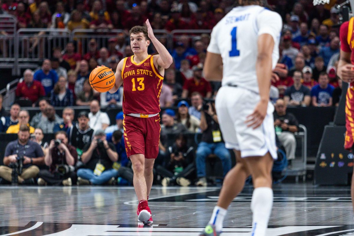 Cade Kelderman (13) runs the offense during the Iowa State vs. the Brigham Young University men’s basketball game during the Big 12 Tournament at T-Mobile Arena, March 13, 2025, Kansas City, Missouri.