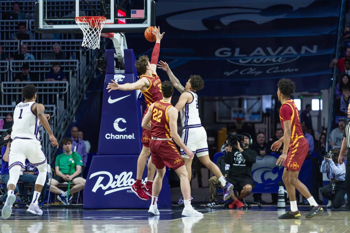 Brandton Chatfield (33) blocks a shot during the Iowa State vs. Kansas State University men’s basketball game at Bramlage Coliseum, March 8, 2025, Manhattan, Kansas.