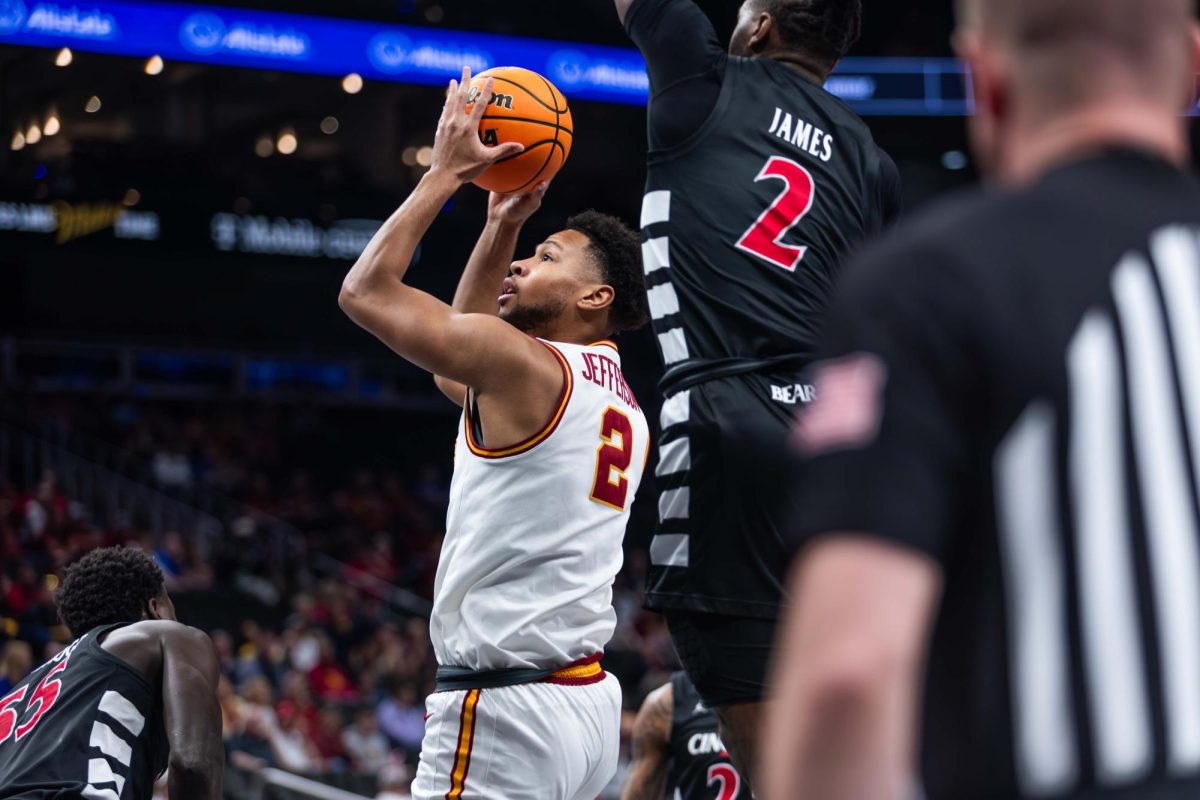 Joshua Jefferson (2) shoots the ball during the Iowa State vs. the University of Cincinnati men’s basketball game during the Big 12 Tournament at T-Mobile Arena, March 12, 2025, Kansas City, Missouri.