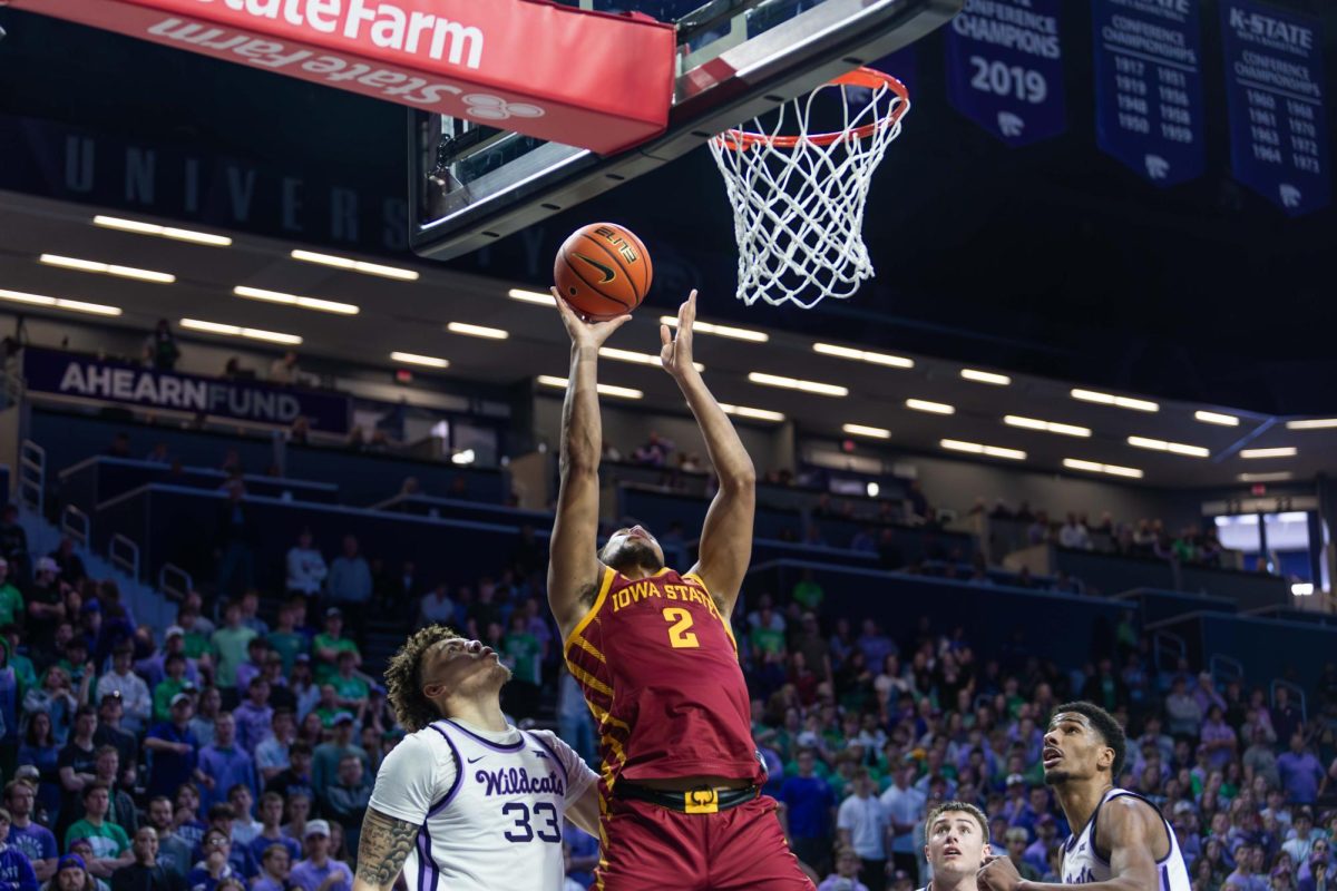 Joshua Jefferson (2) goes up for a layup during the Iowa State vs. Kansas State University men’s basketball game at Bramlage Coliseum, March 8, 2025, Manhattan, Kansas.