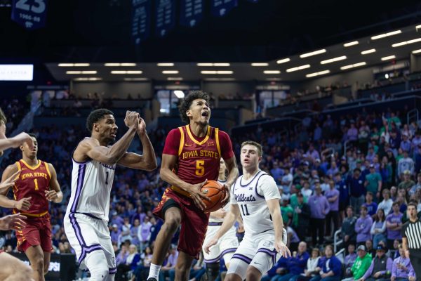 Curtis Jones (5) goes up for a layup during the Iowa State vs. Kansas State University men’s basketball game at Bramlage Coliseum, March 8, 2025, Manhattan, Kansas.