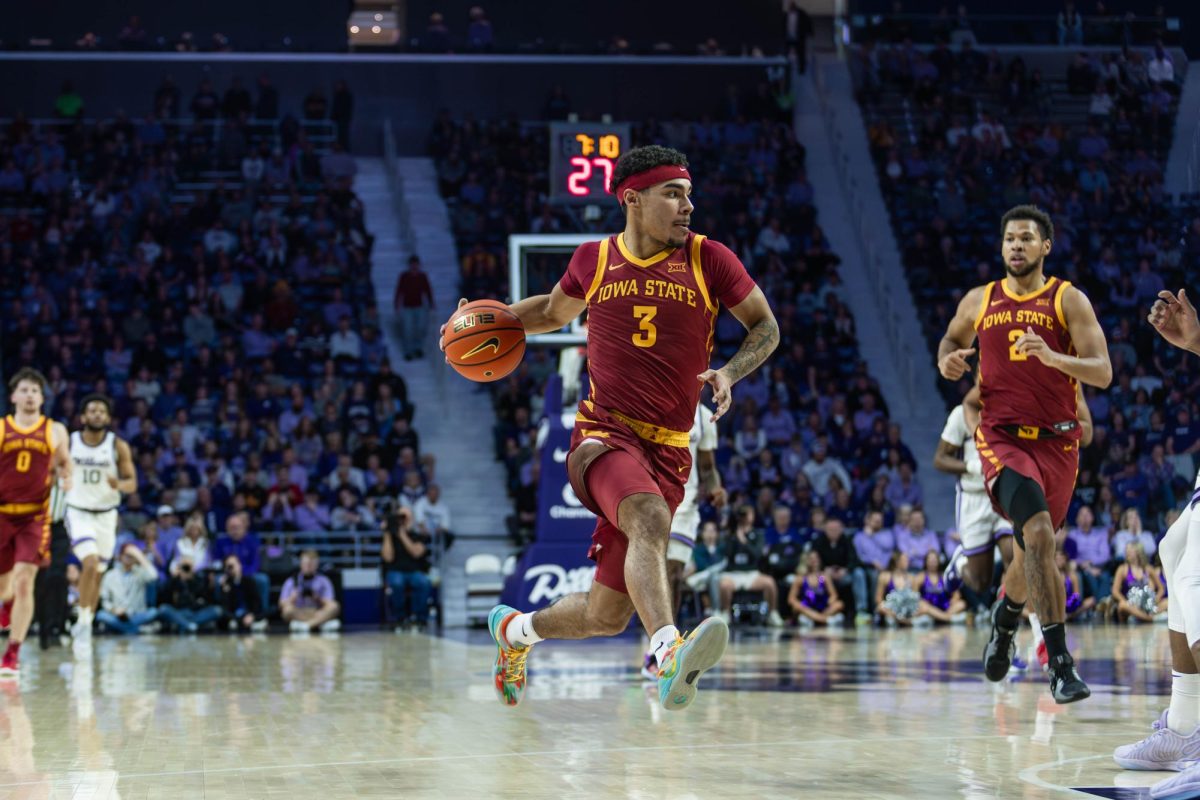 Tamin Lipsey (3) dribbles the ball and looks for an open player during the Iowa State vs. Kansas State University men’s basketball game at Bramlage Coliseum, March 8, 2025, Manhattan, Kansas.