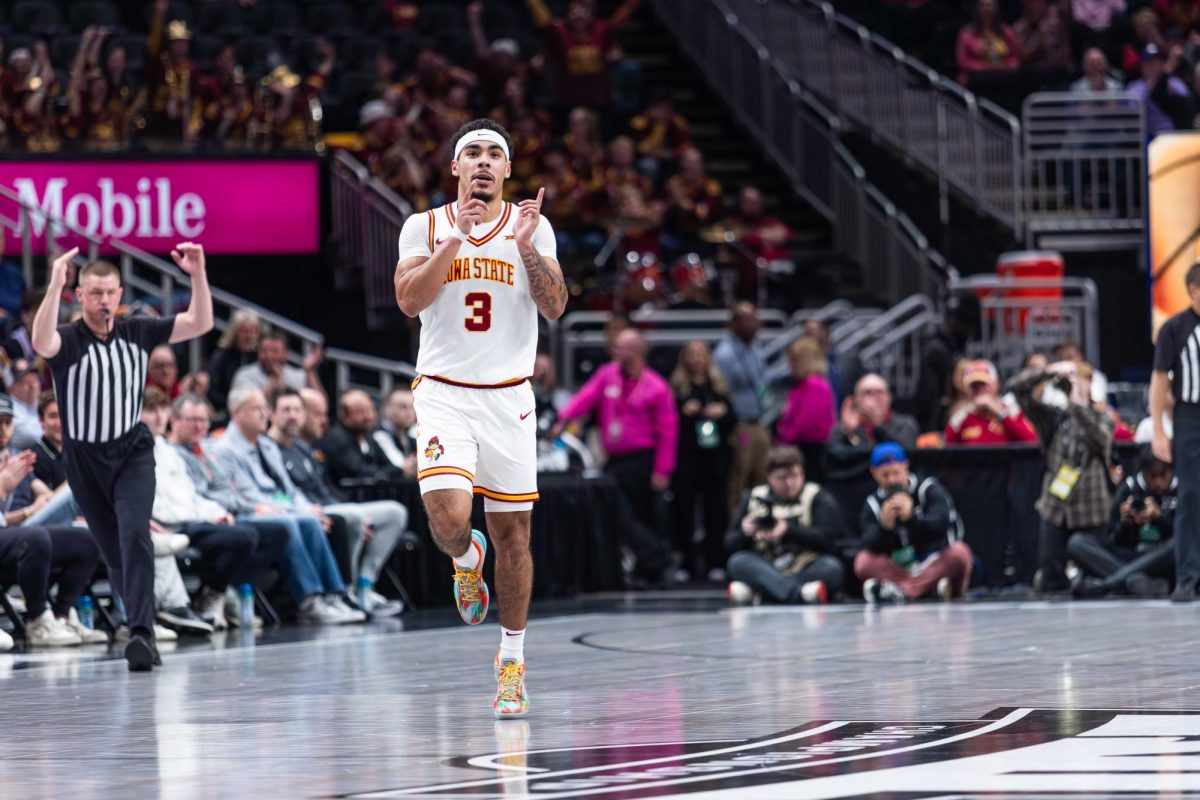 Tamin Lipsey (3) celebrates after making a three pointer during the Iowa State vs. the University of Cincinnati men’s basketball game during the Big 12 Tournament at T-Mobile Arena, March 12, 2025, Kansas City, Missouri.
