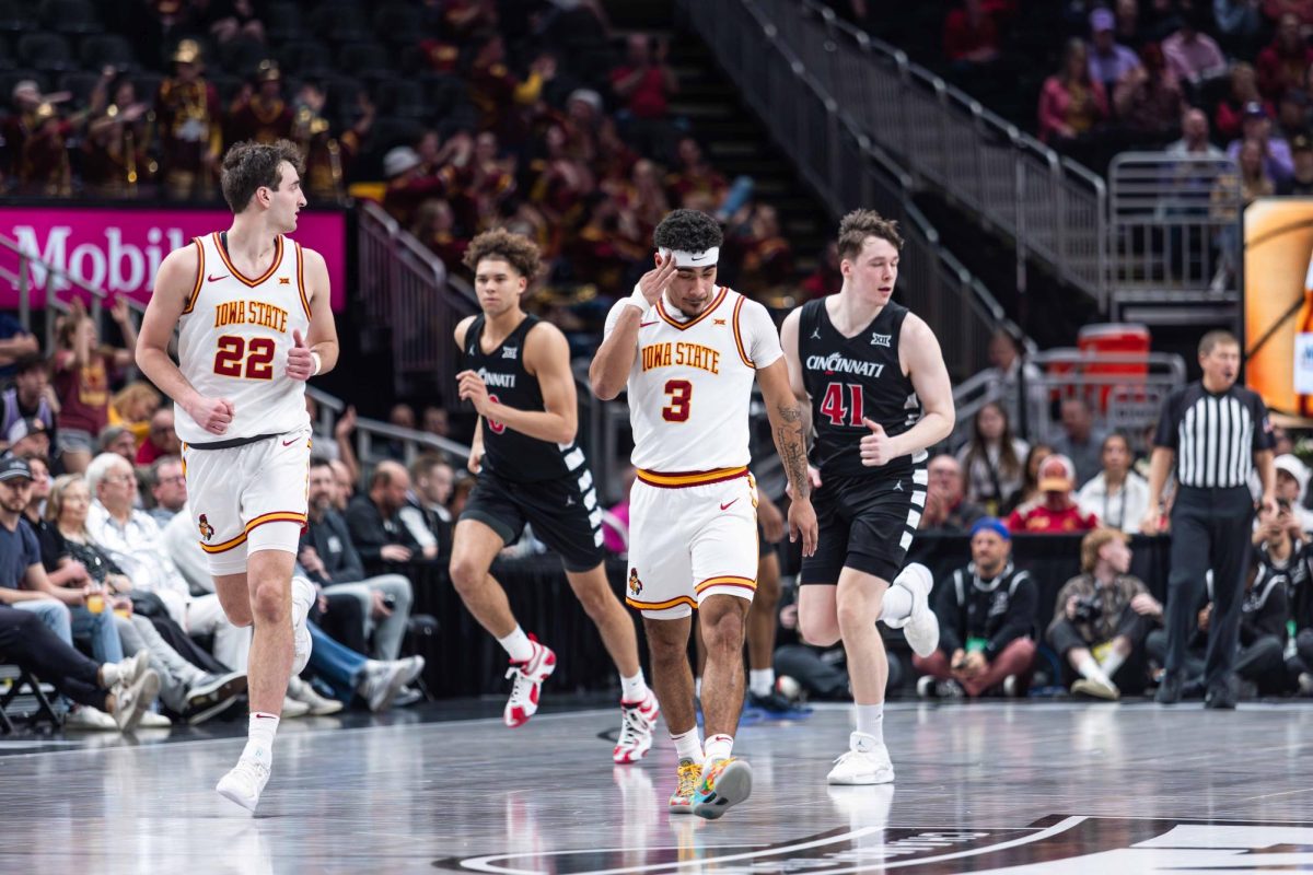 Tamin Lipsey (3) celebrates after making a three pointer during the Iowa State vs. the University of Cincinnati men’s basketball game during the Big 12 Tournament at T-Mobile Arena, March 12, 2025, Kansas City, Missouri.
