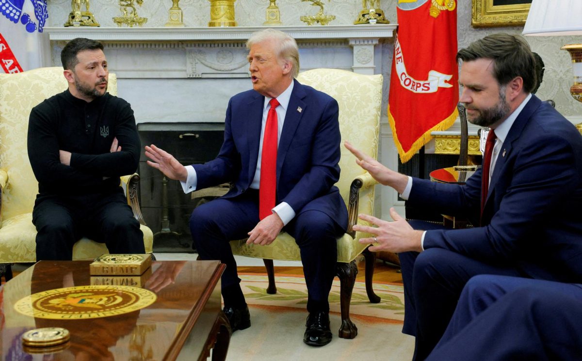 U.S. President Donald Trump meets with Ukrainian President Volodymyr Zelenskiy as U.S. Vice President JD Vance reacts at the White House in Washington, D.C., U.S., February 28, 2025. REUTERS/Brian Snyder