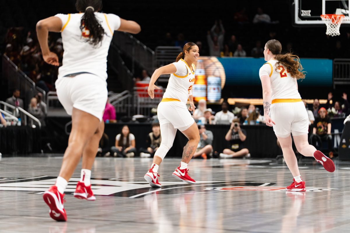 Sydney Harris (25) celebrates a three-pointer at the Iowa State University vs. Arizona State University Big 12 tournament women's basketball game, T-Mobile Center, Kansas City, Missouri, March 6, 2025.