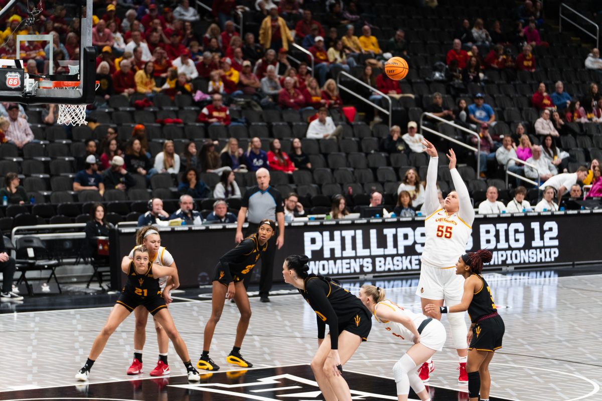 Audi Crooks (55) shoots a free throw at the Iowa State University vs. Arizona State University Big 12 tournament women's basketball game, T-Mobile Center, Kansas City, Missouri, March 6, 2025.