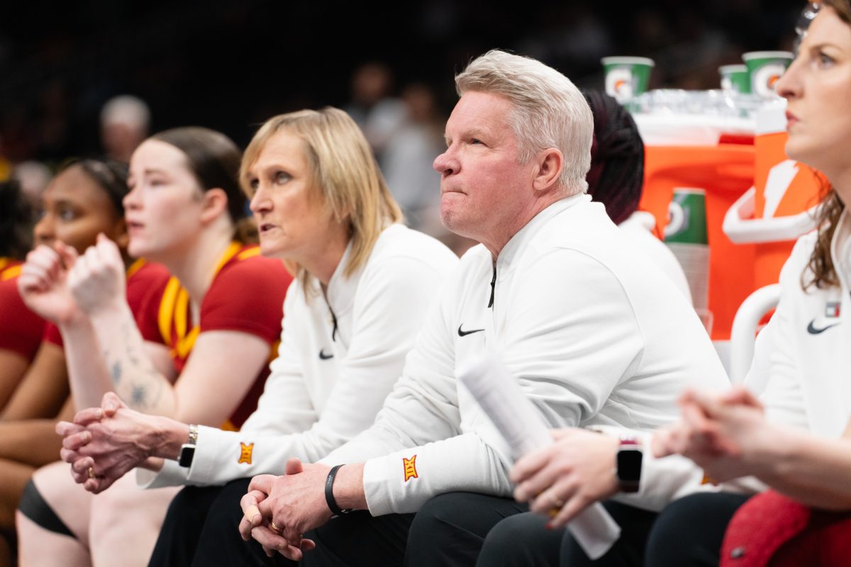 Head Coach Bill Fennelly watches his players at the Iowa State University vs. Baylor University Big 12 tournament women's basketball game, T-Mobile Center, Kansas City, Missouri, March 7, 2025.