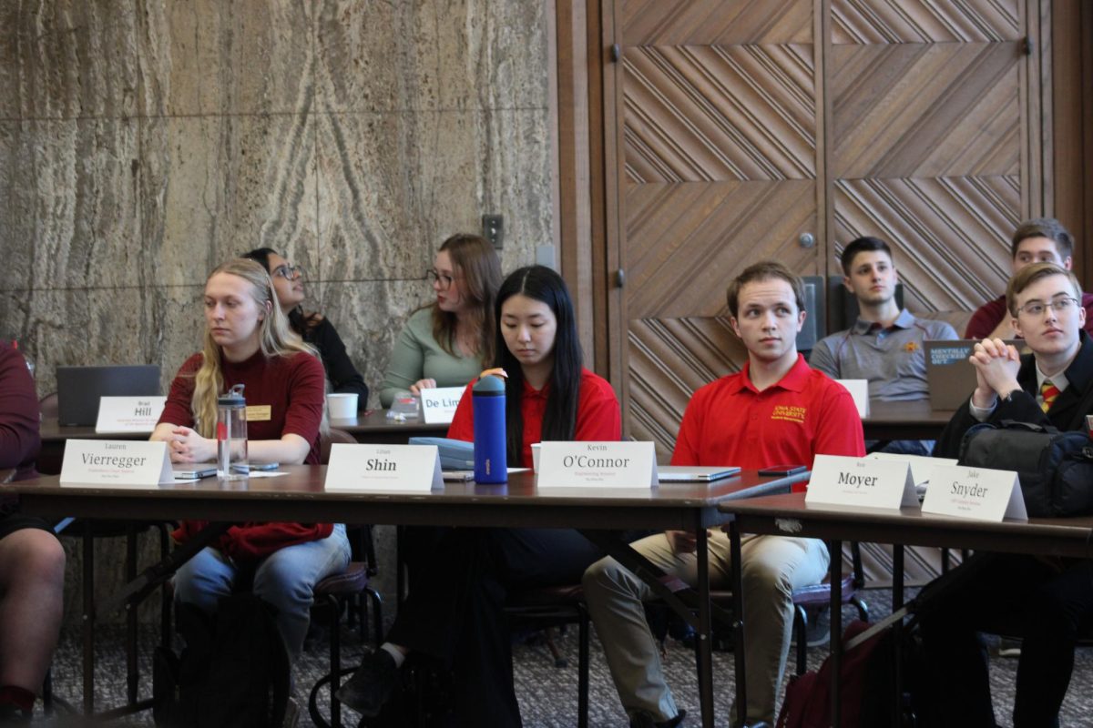 Student government Senators listening to a presentation at their weekly meeting, March 12, 2025, Memorial Union, Ames, Iowa.