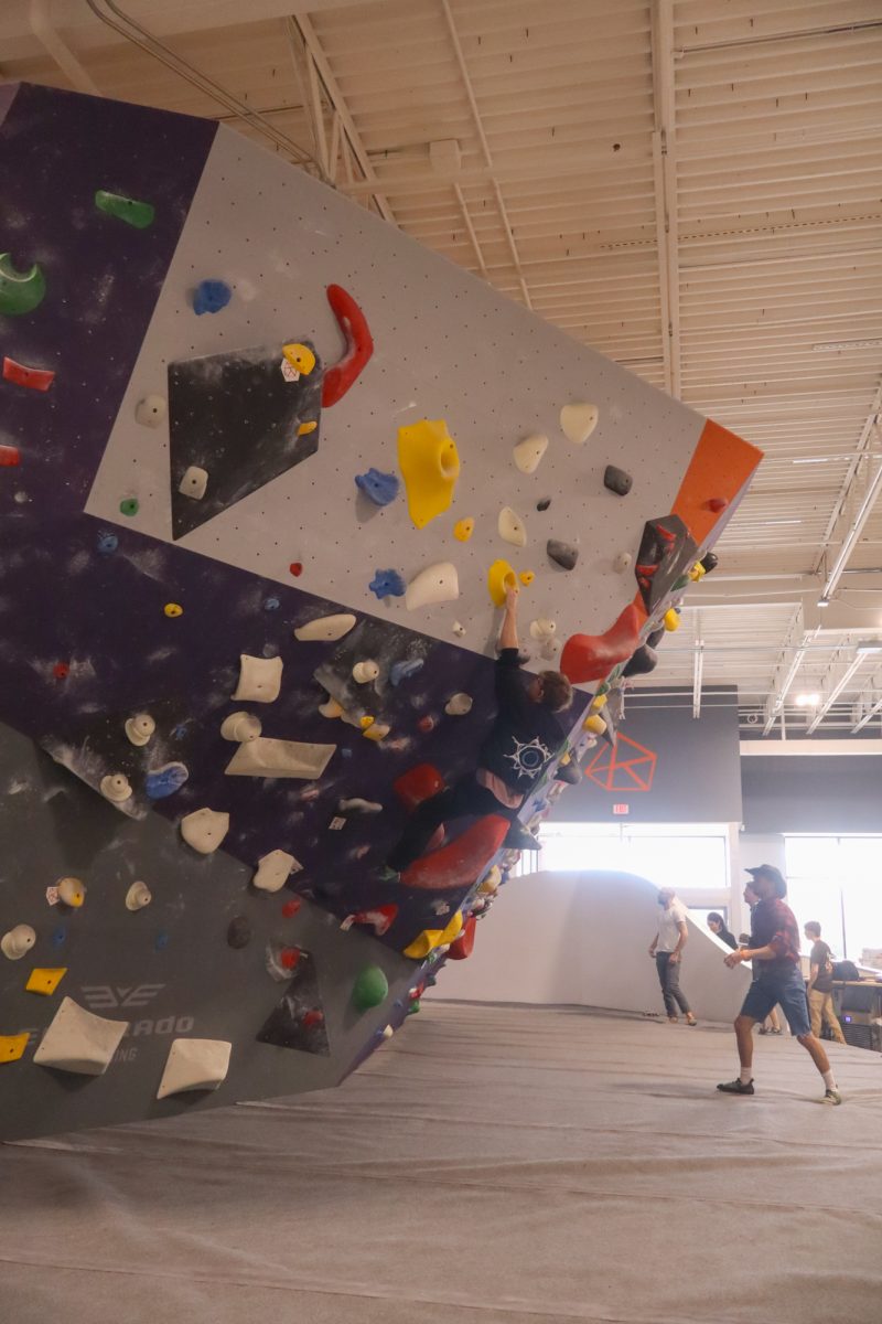 Iowa State Mountaineering and Climbing Club member, Sean McCallum readies himself for the upcoming competition. Taken on Mar. 1, 2025, at Rendezvous Climbing Gym, Kansas City.