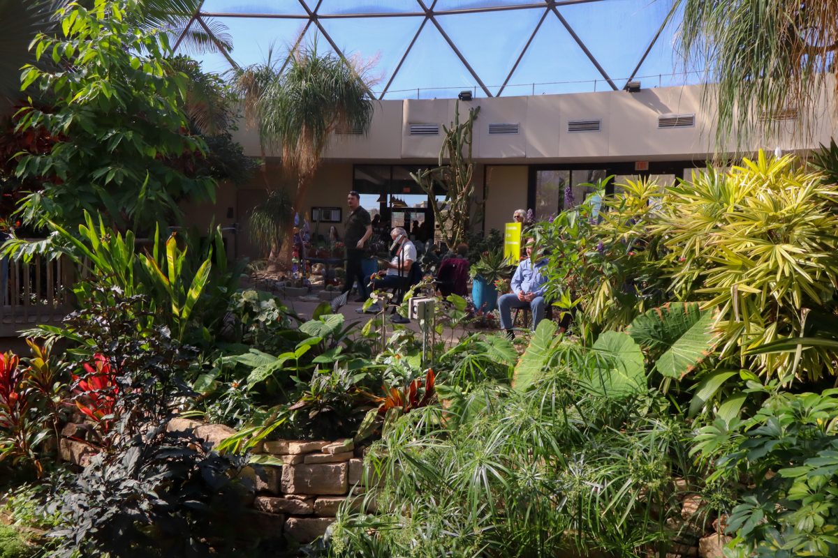 A view through the bushes of people enjoying the music during the Botanical Blues event, taken on Mar. 2, 2025, at Greater Des Moines Botanical Garden, Des Moines, IA