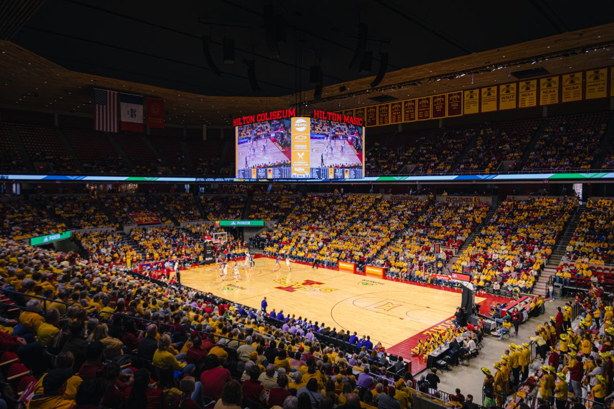 Wide shot of Hilton during the Iowa State University vs. Kansas State University basketball game at Hilton Coliseum on Sunday, March. 2, 2025, in Ames, Iowa.