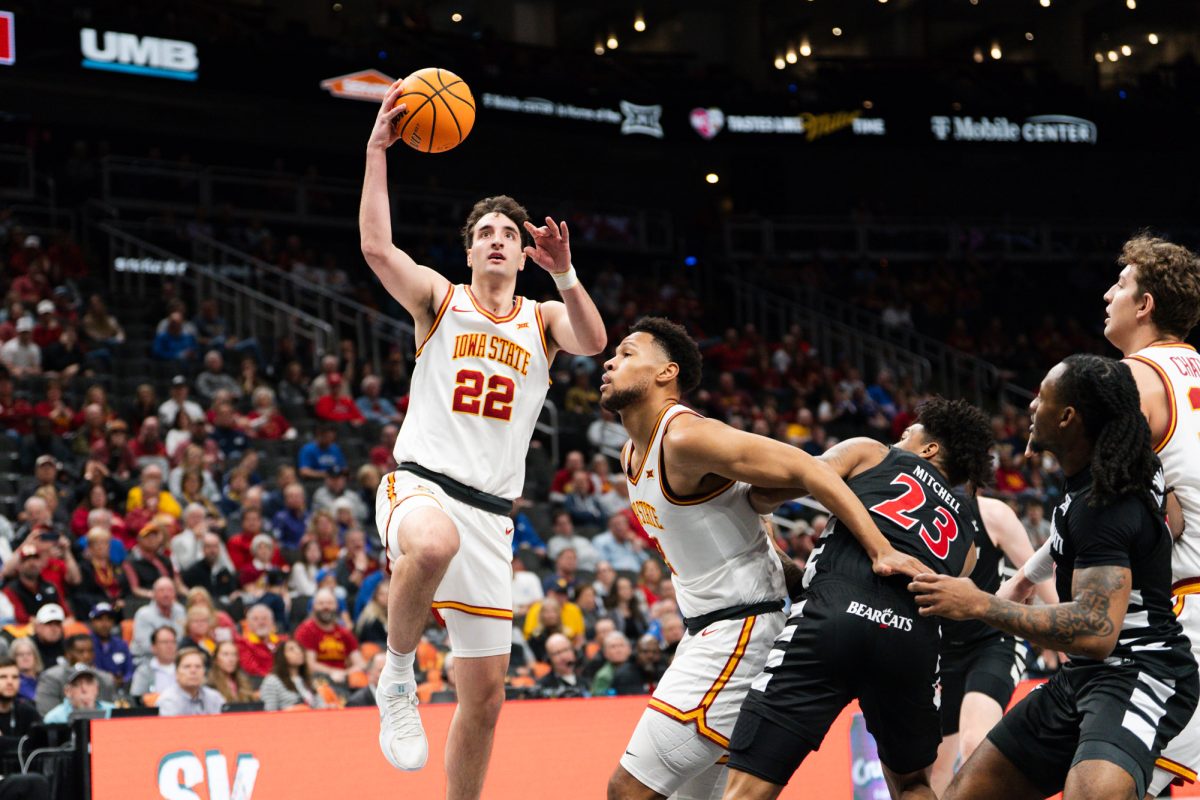 Milan Momcilovic (22) goes for a layup during the Iowa State and University of Cincinnati men's basketball game at the men's Big 12 Tournament, at T-Mobile Arena, Mar. 12, 2025, Kansas City, Missouri.