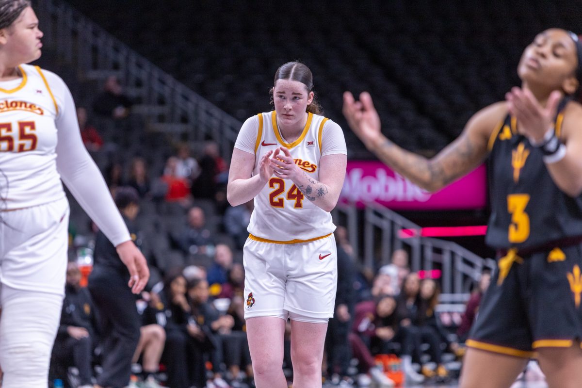 Addy Brown (24) applauds after a foul is called against Arizona State at the Iowa State University vs. Arizona State University Big 12 tournament women's basketball game, T-Mobile Center, Kansas City, Missouri, March 6, 2025.