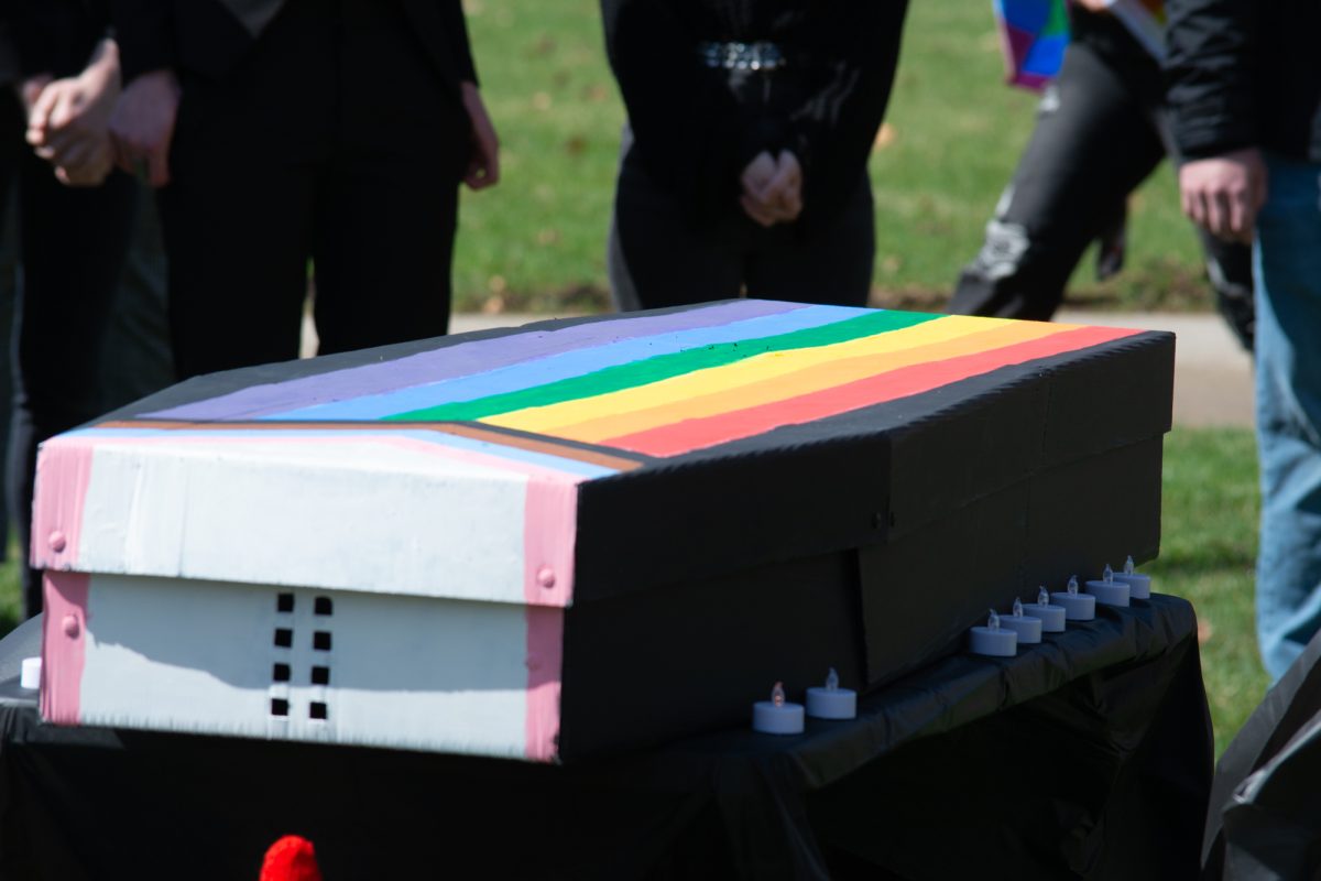 A painted coffin representing The Center for LGBTQIA+ Student Success on April 2, 2025, Iowa State University, Ames, Iowa.
