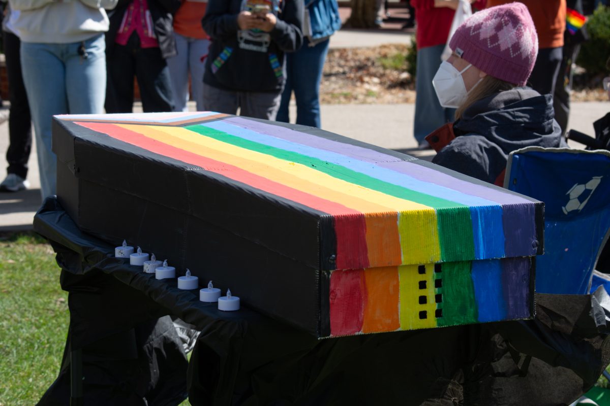 A painted coffin representing The Center for LGBTQIA+ Student Success on April 2, 2025, Iowa State University, Ames, Iowa.