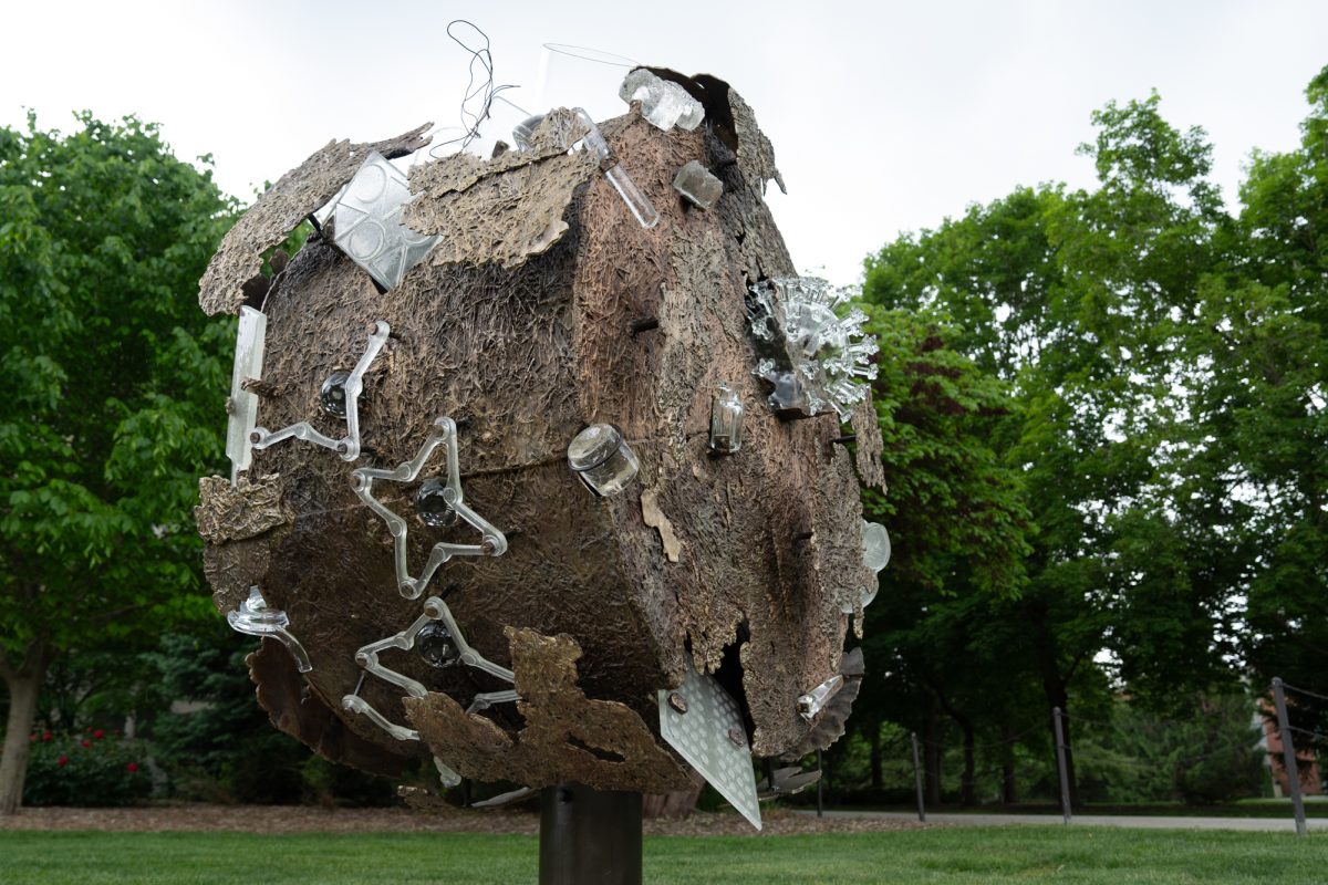 Recent Addition to the Anderson Sculpture Garden “Hive Mind” by Beth Lipman is displayed outside Parks Library on May 30, 2025, Iowa State University, Ames, Iowa.