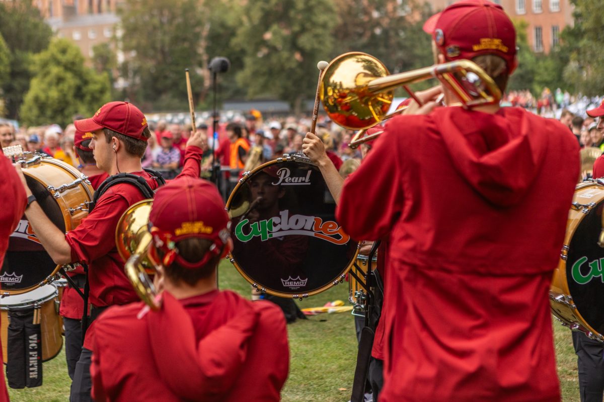 The Iowa State Varsity Marching Band at the Iowa State Pep Rally in Merrion Square Park, Dublin, Ireland, Aug. 22, 2025. 